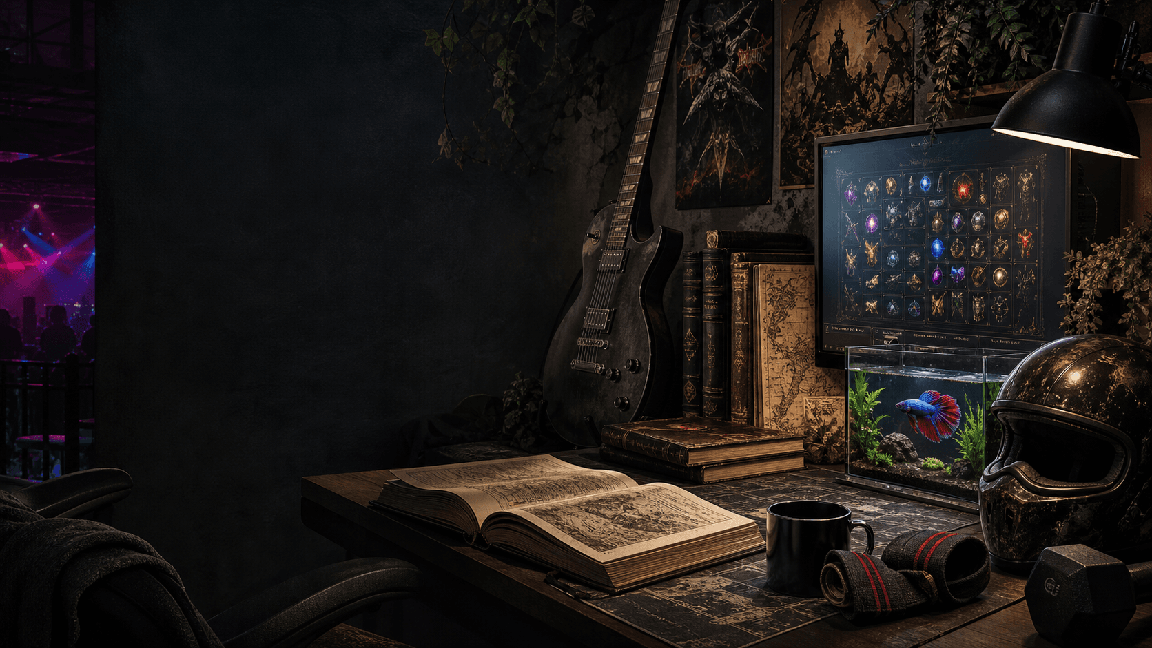 A moody personal room with fantasy books, guitar, ARPG screen, betta aquarium, helmet, gym gear, and club lights